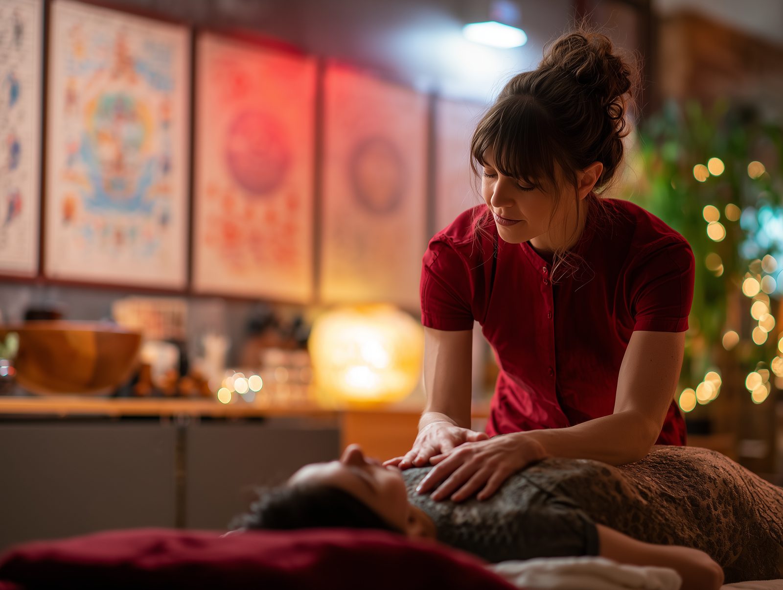 A practitioner resting her hands on a patient's shoulders in a warm treatment room.
